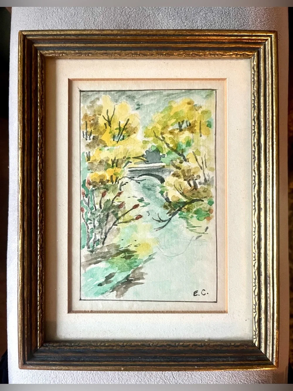 HVintage Original Watercolor Landscape | Stone Bridge | Signed E.C. | MCM